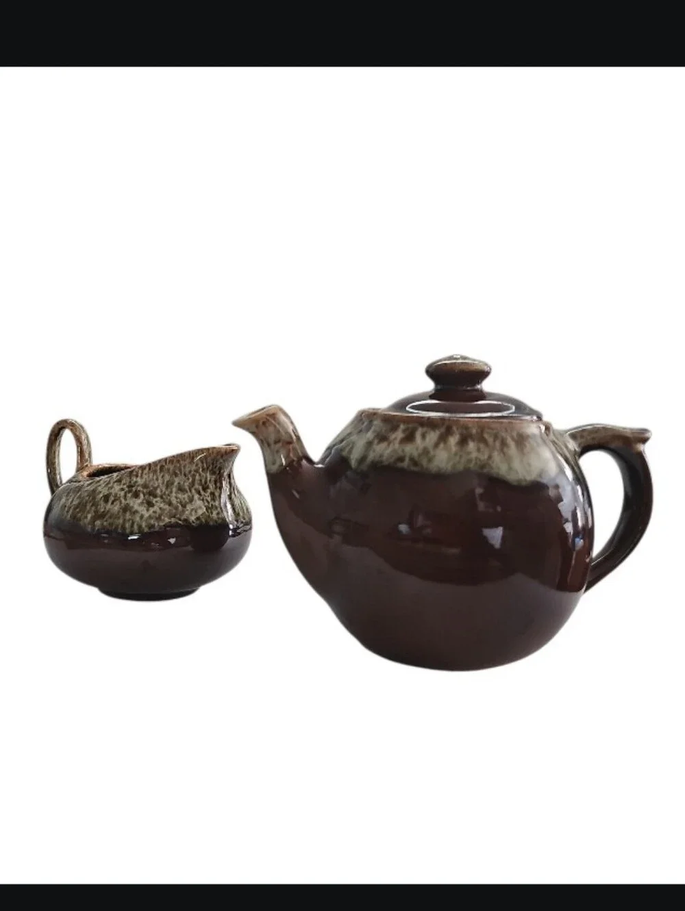 Vintage Brown Drip Glaze Stoneware Teapot Creamer Set Rustic Farmhouse Decor